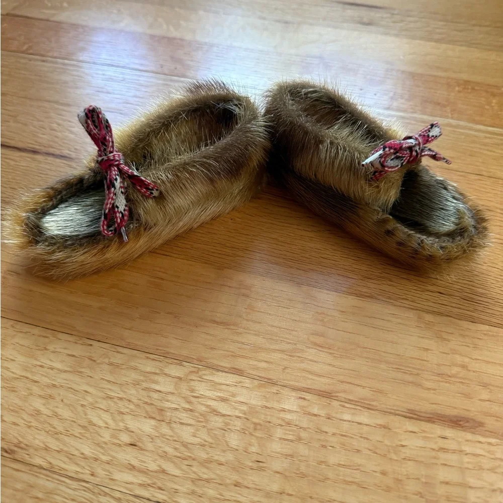 Vintage 60’s Zoo Pets Brand Seal Fur Moccasin Slippers with Red Plaid Bow